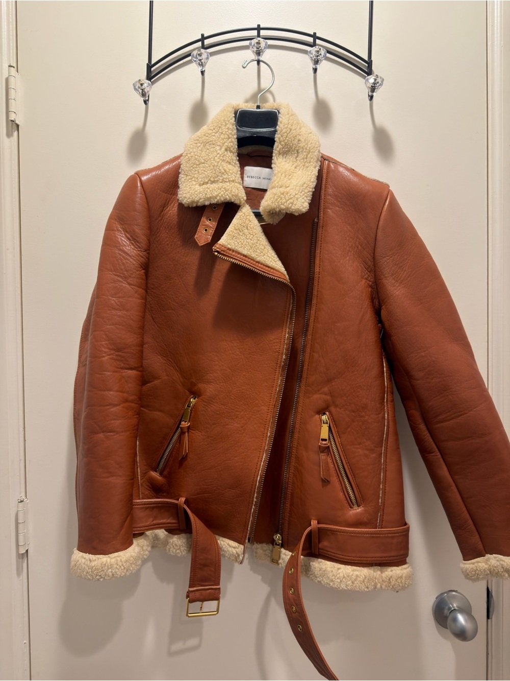 Rebecca Minkoff Cognac Brown Leather Shearling Moto Jacket